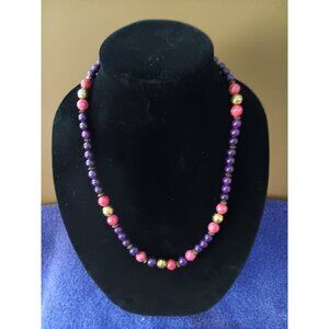 Handcrafted Purple Pink & Gold Glass Beaded Necklace